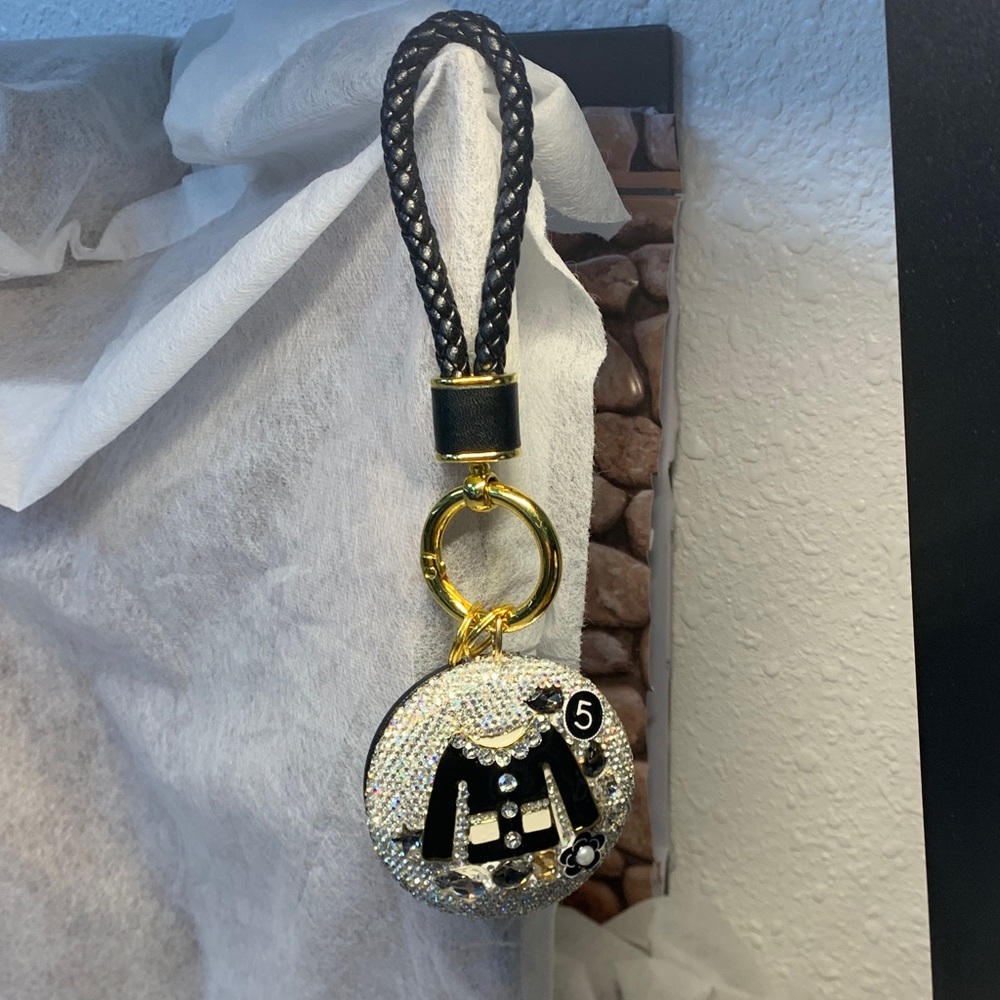 Chic Black / Gold Round Double Mirror Keychain Purse Charm Braided Leather Strap